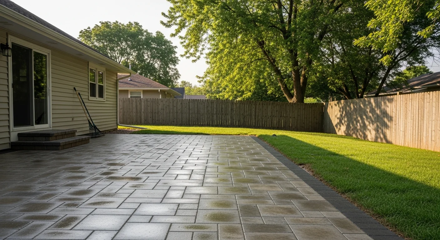 Landscaped yard with hardscape features and maintained lawn