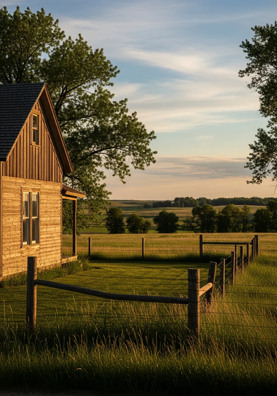 Detail of a Jefferson-area rural home with traditional construction and surrounding agricultural setting.