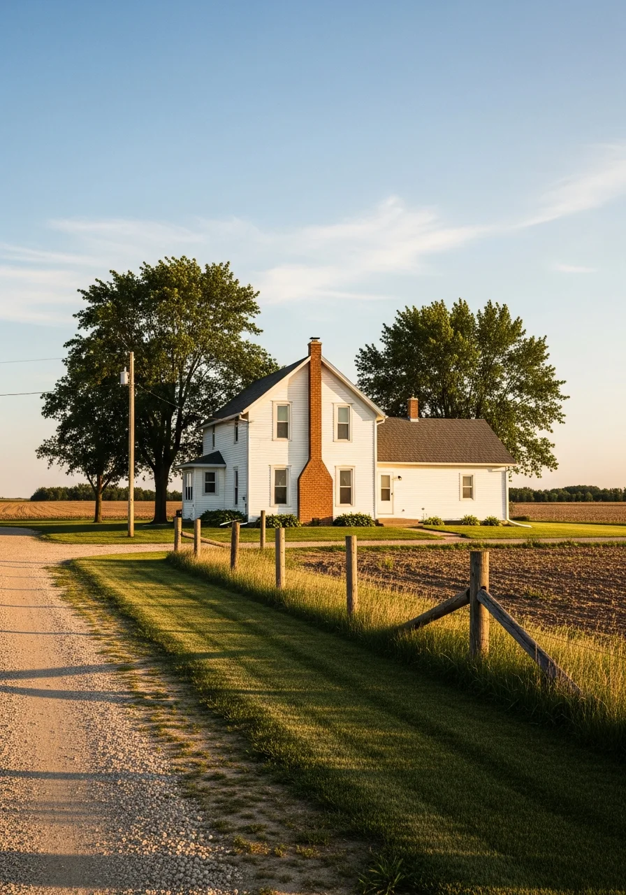 Close-up of a LeMars-area farm home with traditional architecture and surrounding agricultural landscape.