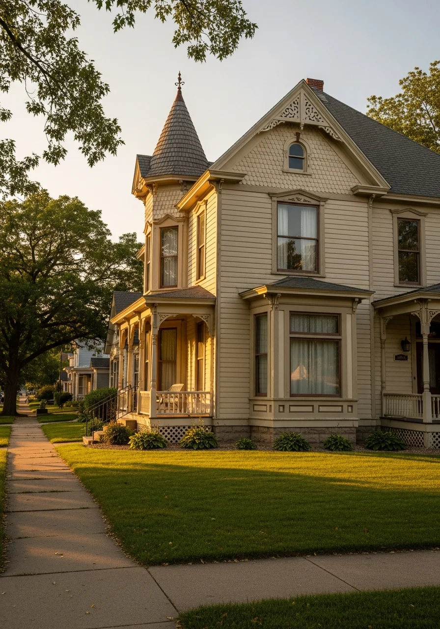 Close-up of a Yankton historic home with period details and well-maintained exterior finishes.