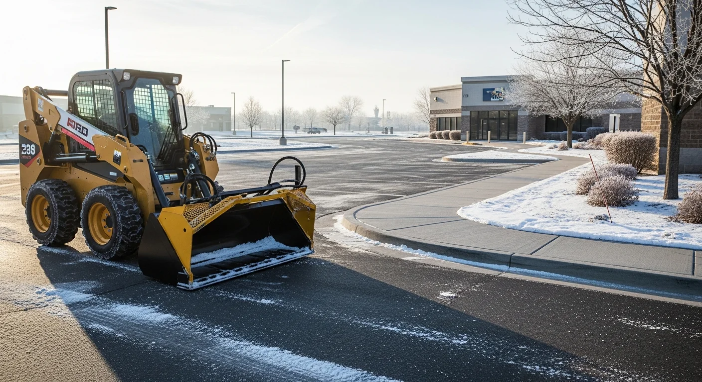 A cleared commercial parking lot and sidewalk at a Sioux City, Iowa business property after a winter snowstorm, with snow pushed to lot edges and access paths fully open. A maintained commercial lawn at the same Sioux City property shown in summer with neatly mowed turf and trimmed edges along the building front.