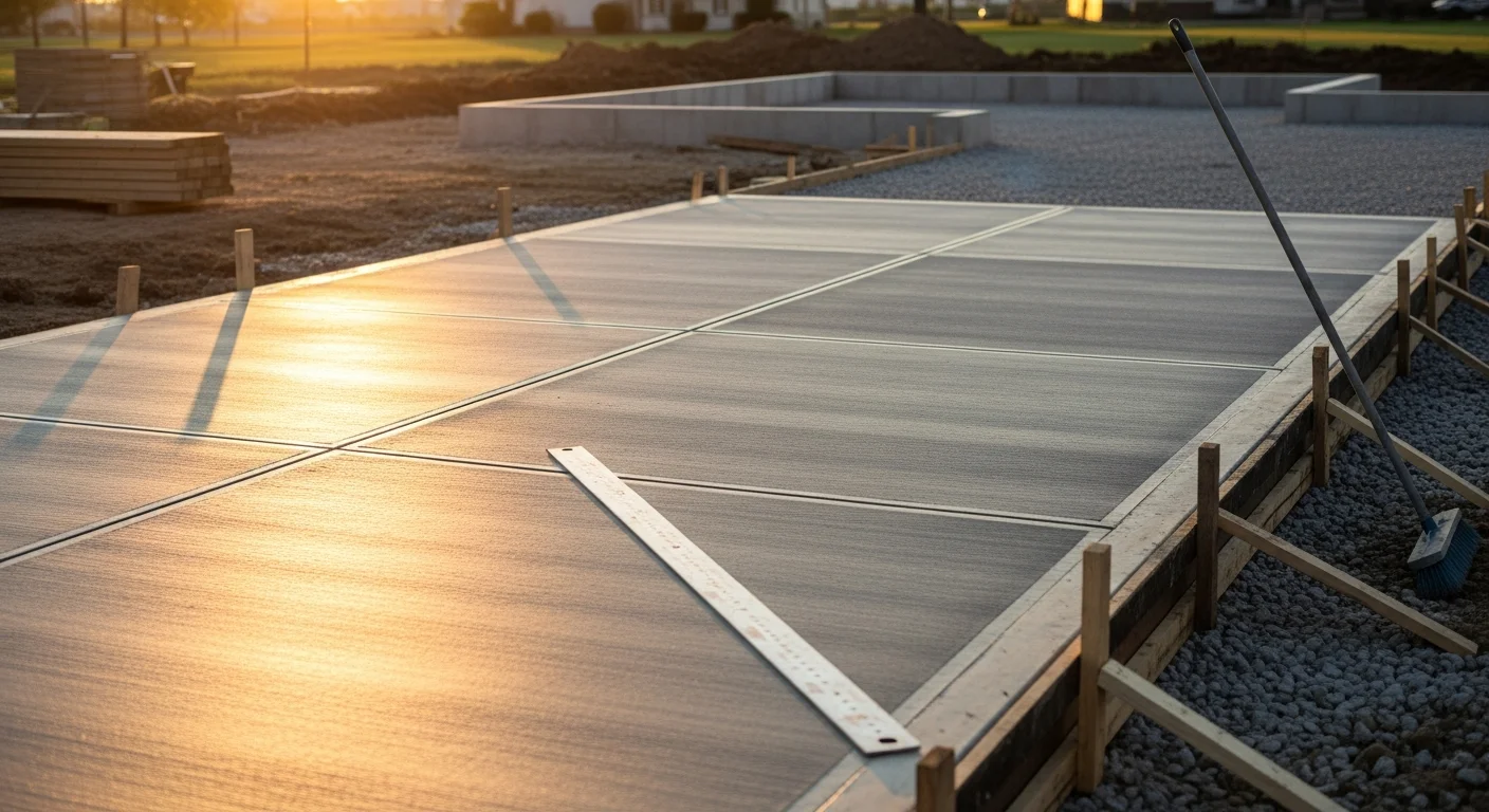 A freshly poured concrete driveway in front of a residential home in Sioux City, Iowa, showing clean control joints and a smooth broom finish. The slab connects from the street apron to the garage, set against a typical Woodbury County residential streetscape.