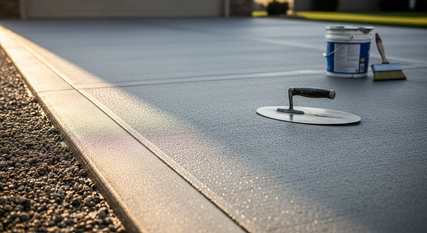 A freshly broom-finished concrete driveway at a residential property in Sioux City, Iowa, with clean edges and a uniform gray surface texture. The slab slopes slightly away from the garage, showing proper drainage grading on a clear Midwest day.