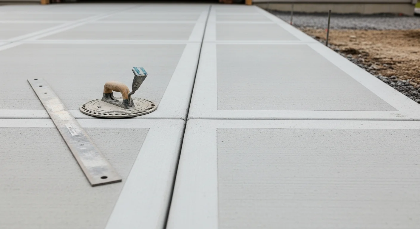 Freshly poured and finished concrete driveway at a residential property in Sioux City, Iowa, with clean edges, visible control joints, and a smooth broom finish. The slab connects the street apron to a two-car garage on a typical Siouxland residential lot.