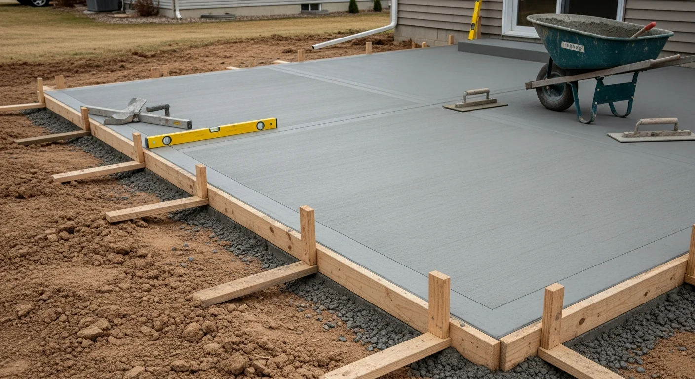 A freshly poured concrete patio with a broom finish in a residential backyard in Sioux City, Iowa. The slab is level, edges are clean, and the surface slopes away from the home's foundation.