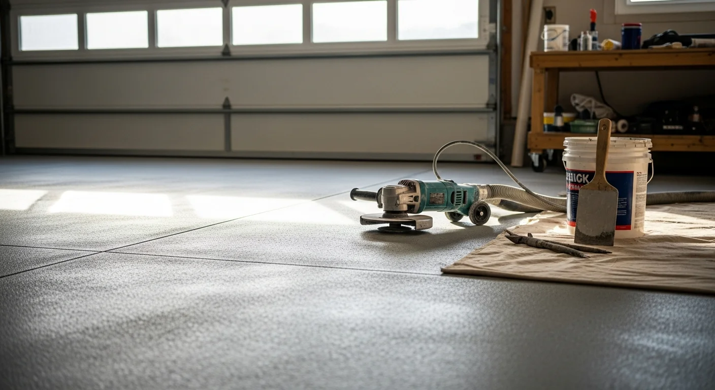 A freshly installed epoxy floor coating on a residential garage concrete slab in Sioux City, Iowa. The surface shows a smooth, sealed finish with no visible cracks or dust.