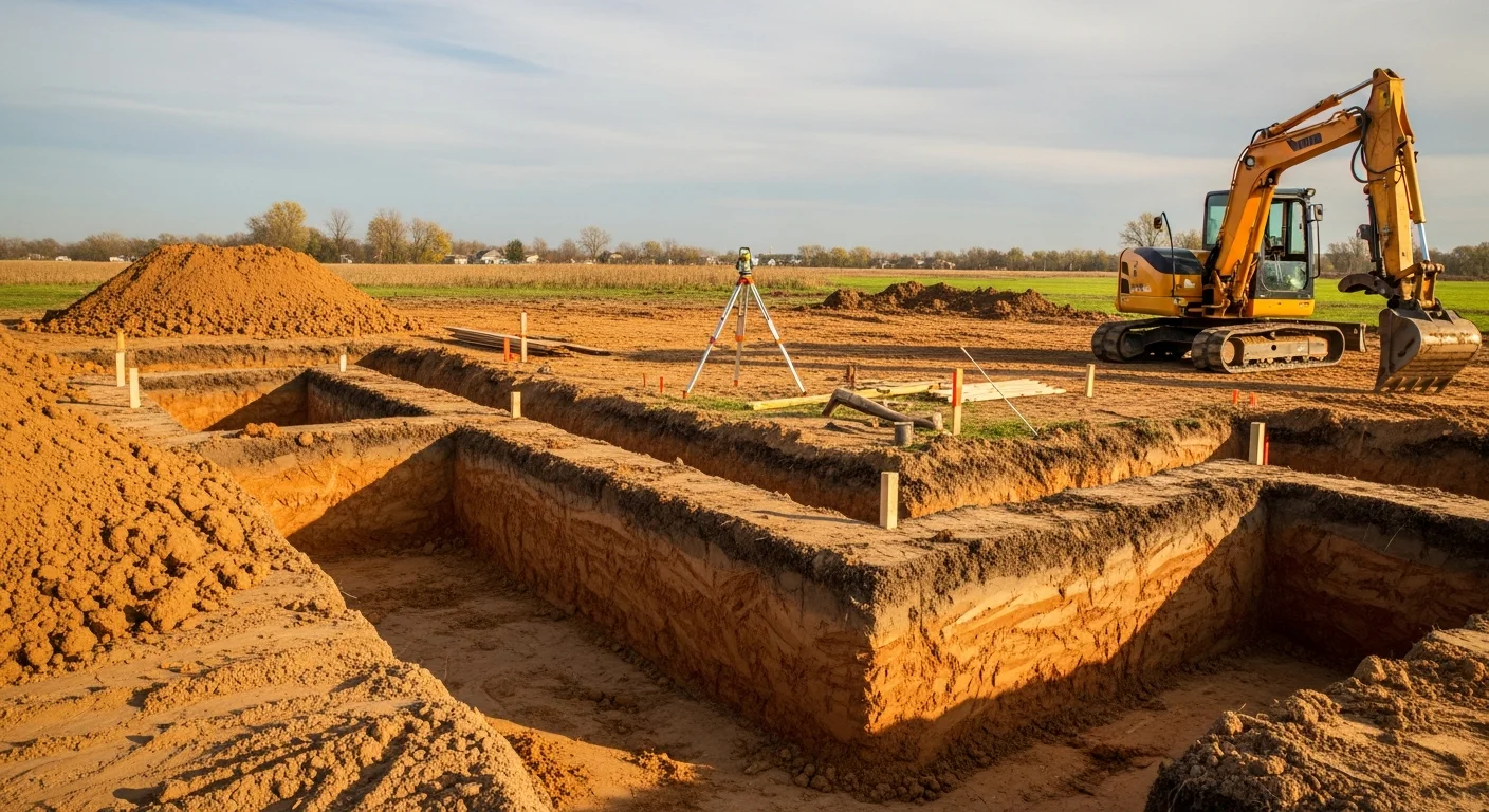 A tracked excavator digging a foundation trench on a residential lot in Sioux City, Iowa, with exposed clay soil visible along the trench walls. The surrounding area is cleared and graded in preparation for new construction.