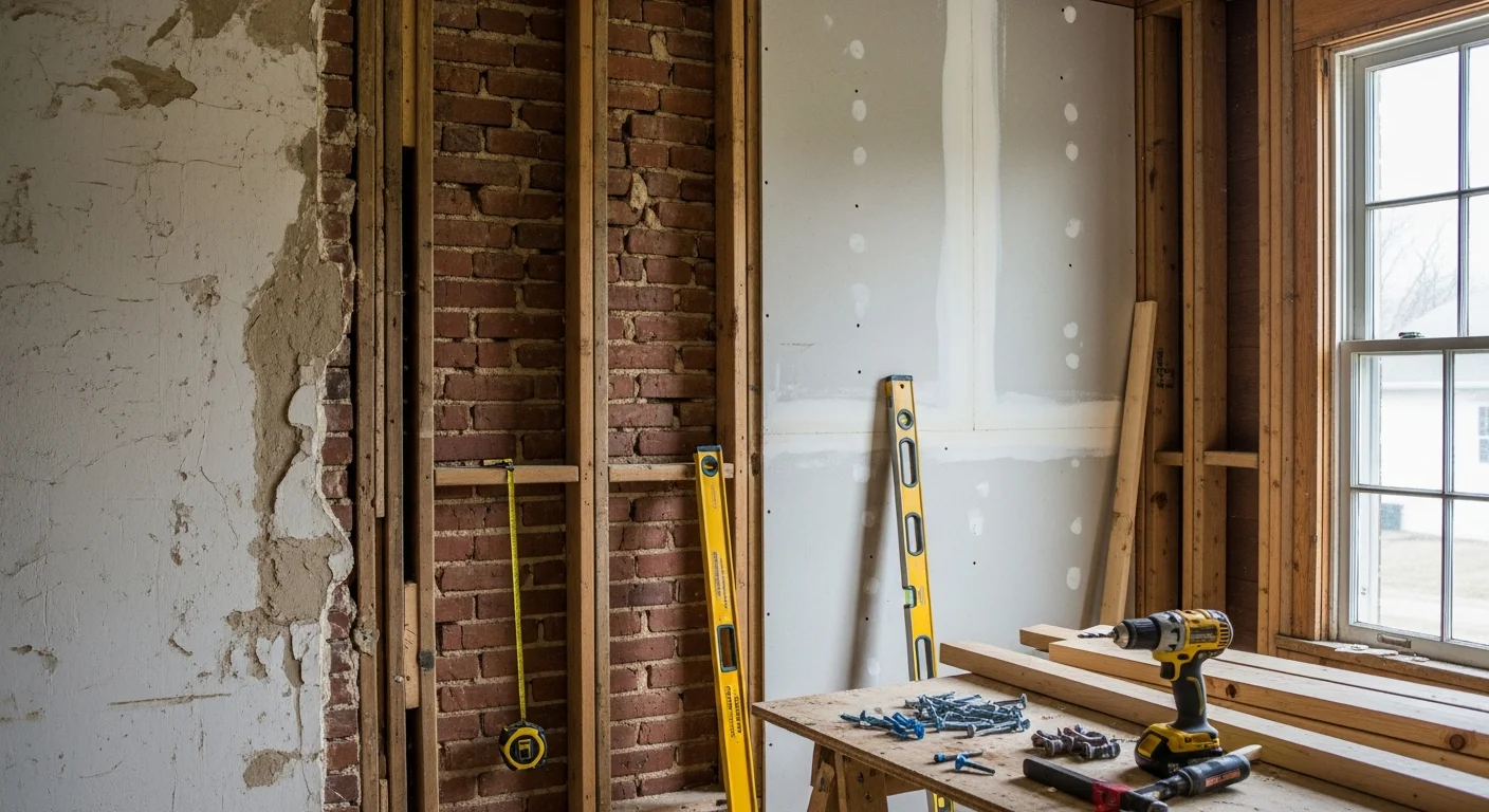 A general contractor reviewing construction plans at a residential remodel job site in Sioux City, Iowa. Framed interior walls and building materials are visible in the background of an older single-family home.