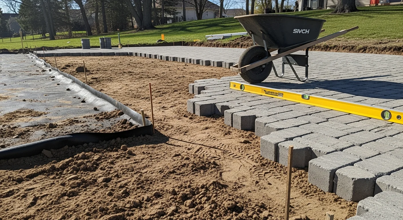 A finished backyard patio and retaining wall installed by Cronin Contracting, LLC on a residential property in Sioux City, Iowa. The wall holds a sloped yard in place while the paved patio surface extends from the home's rear entry.