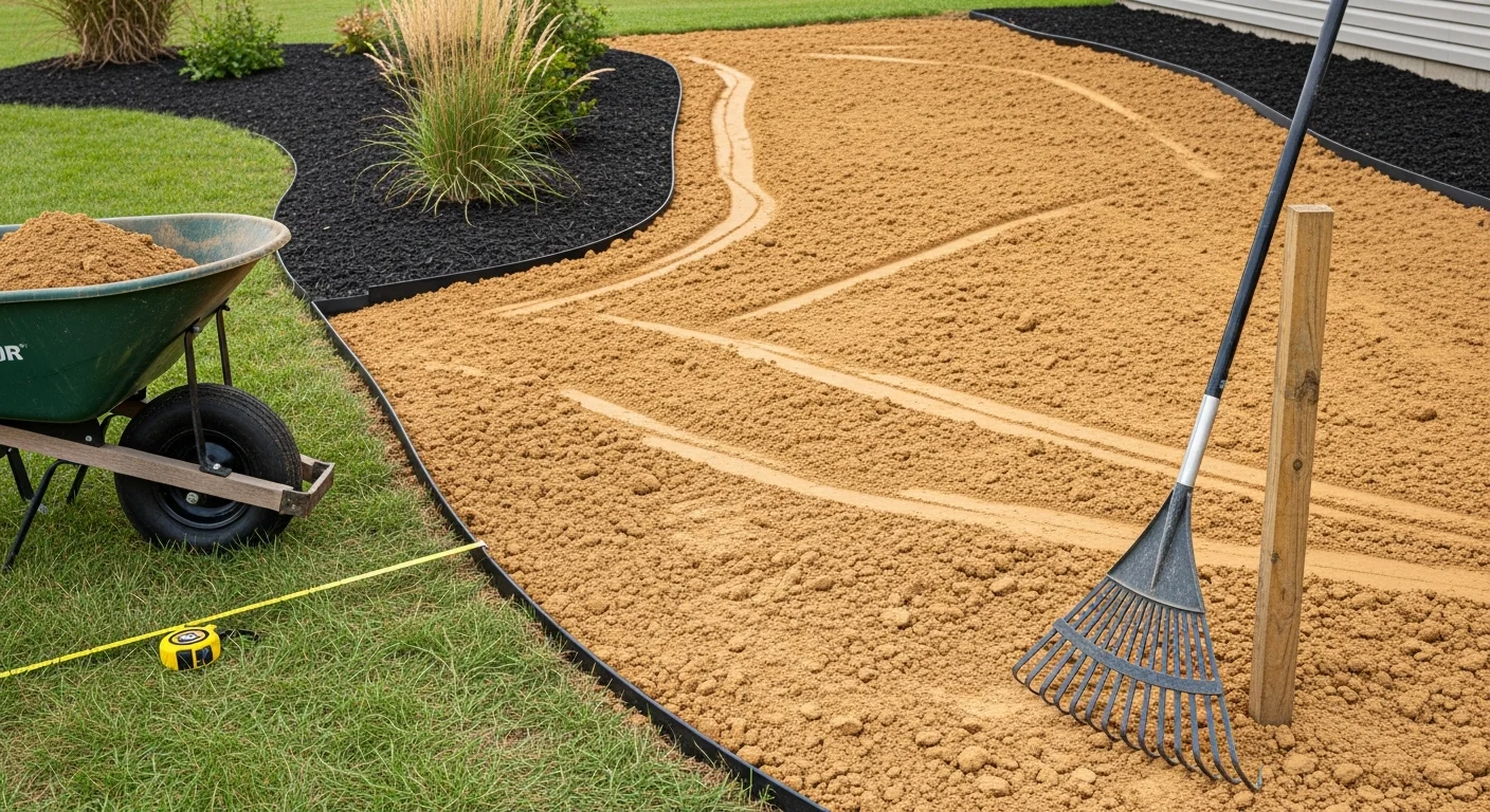 A freshly installed residential landscape in Sioux City, Iowa showing defined planting beds with ground cover, clean lawn edging, and graded yard area. The design reflects a sloped Midwest lot with layered plantings suited to Zone 5a conditions.
