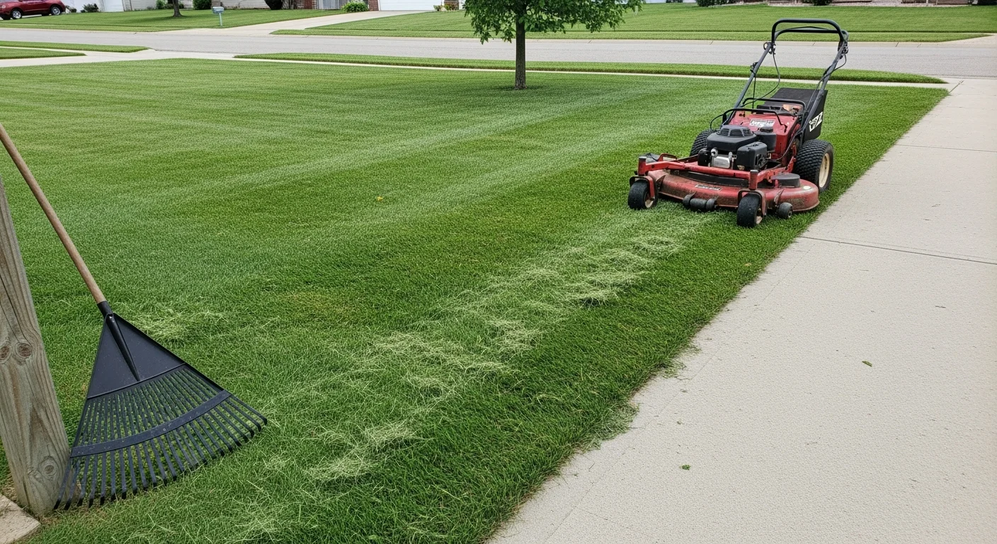 A neatly mowed and edged residential lawn in Sioux City, Iowa, with clean turf lines and trimmed borders visible along a concrete sidewalk. The yard shows even, healthy cool-season grass typical of a well-maintained Siouxland property.