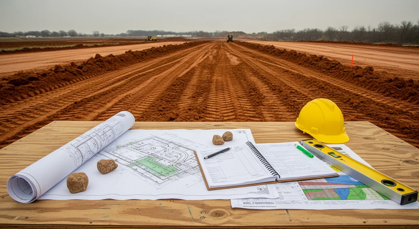 A Cronin Contracting project manager reviewing construction plans on an active job site in Sioux City, Iowa. The image shows a partially framed structure with a site coordinator and building materials in the background.