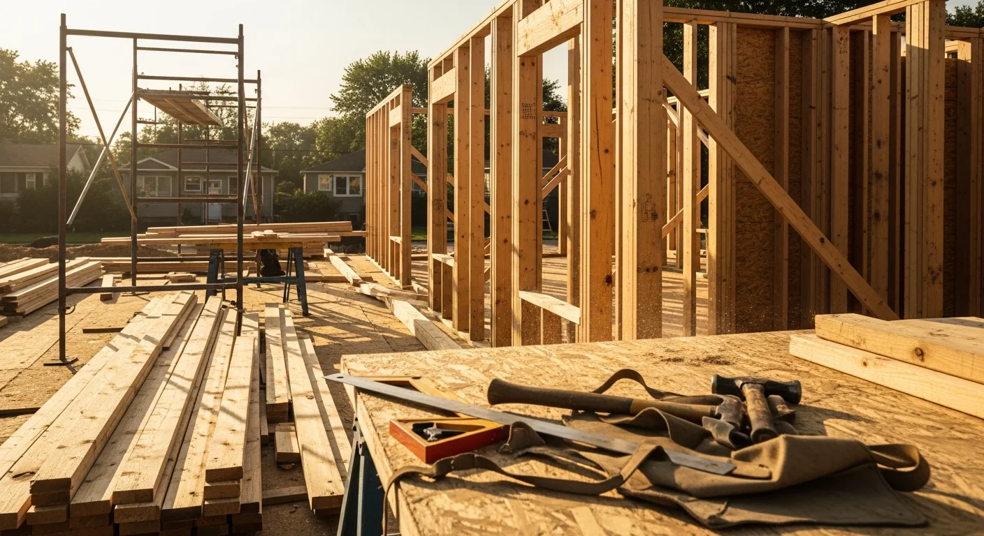 A newly framed residential home under construction on a Sioux City, Iowa lot, showing wood framing, roof trusses, and a concrete foundation. A general contractor reviews plans on site during the build phase.