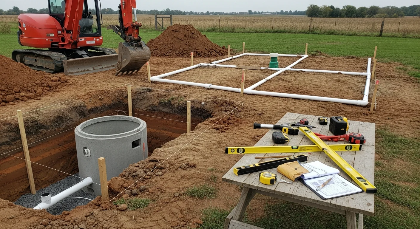 A Cronin Contracting excavator digging a septic system trench on a rural residential lot near Sioux City, Iowa, with exposed soil layers visible and a concrete tank staged nearby for placement.