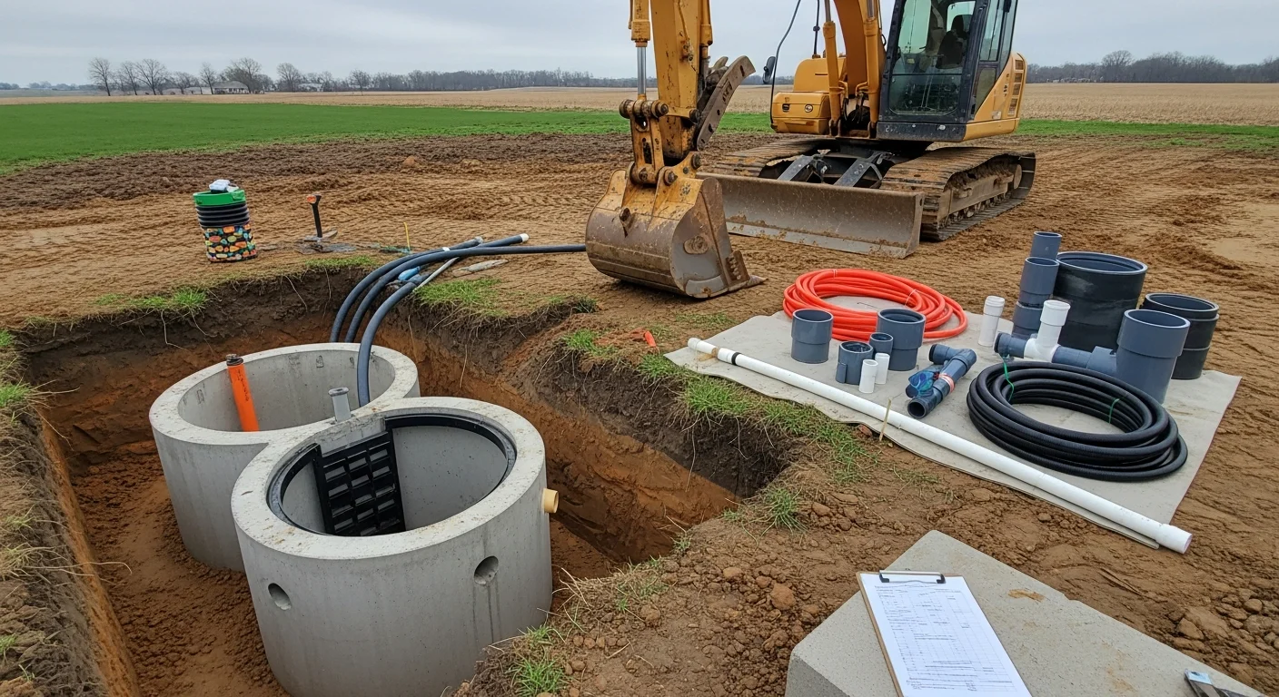 An excavator operator with Cronin Contracting, LLC exposes a residential septic tank during a repair job on a Sioux City, Iowa property. The surrounding soil has been carefully removed to access the tank and inlet pipe for inspection and repair.