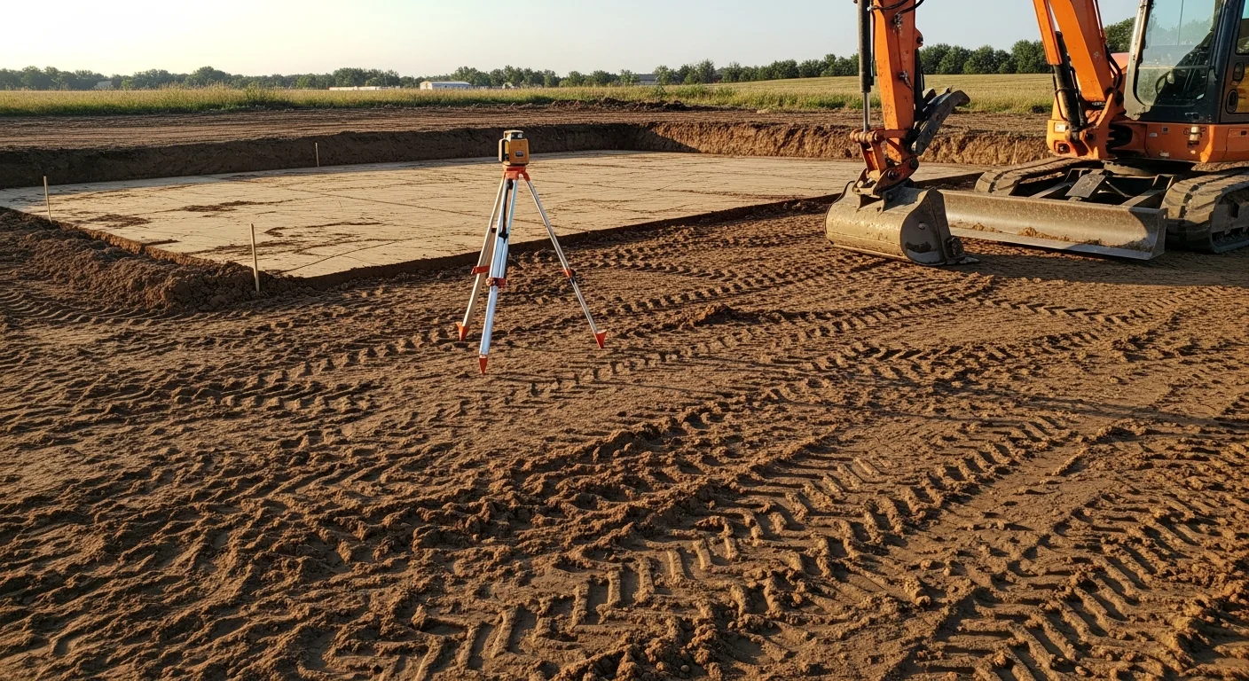A Cronin Contracting excavator grading and leveling a cleared residential lot in Sioux City, Iowa, with freshly compacted soil ready for foundation work. The surrounding area shows a flat, debris-free surface prepared for the next phase of construction.