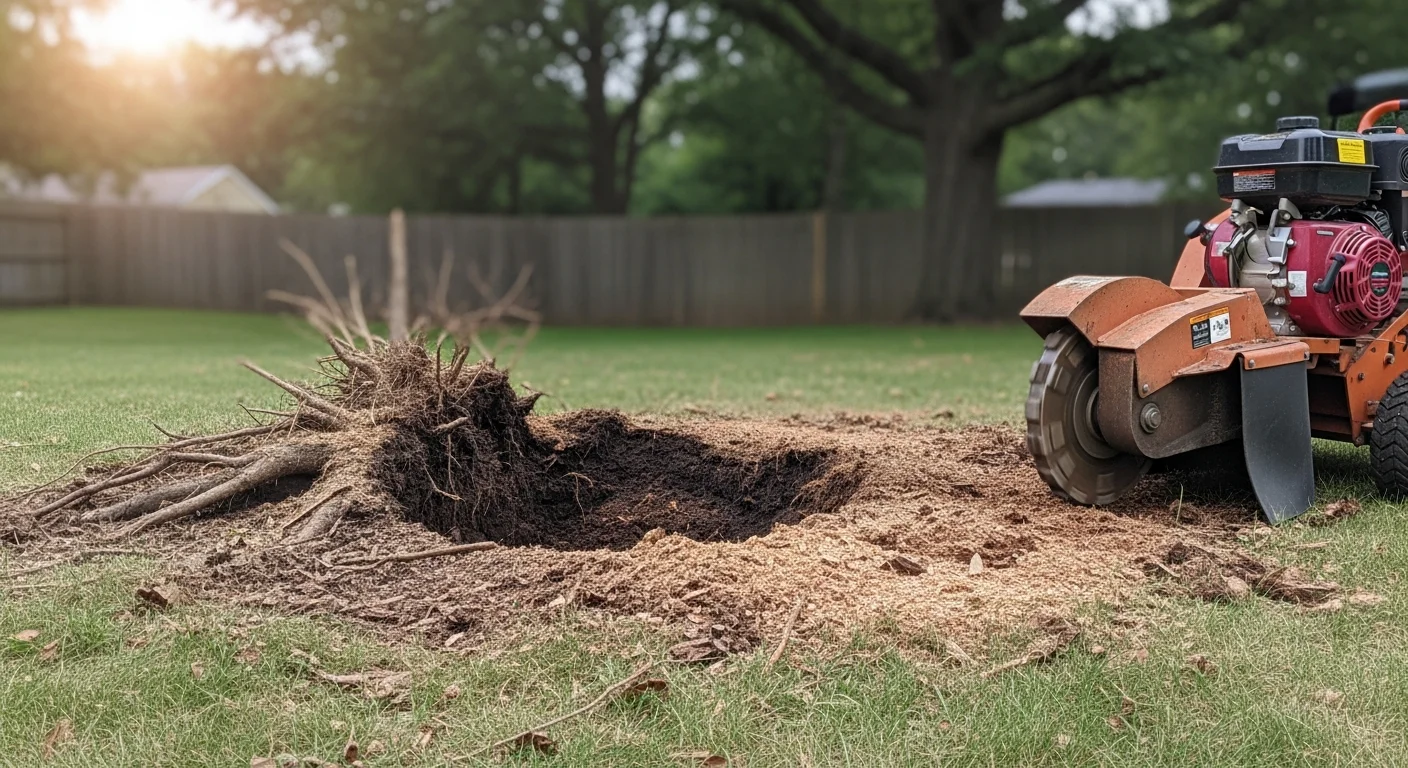 A freshly ground tree stump in a Sioux City, Iowa residential backyard, with wood chips spread across a level patch of soil where the stump once stood. The surrounding lawn and fence line are undisturbed.