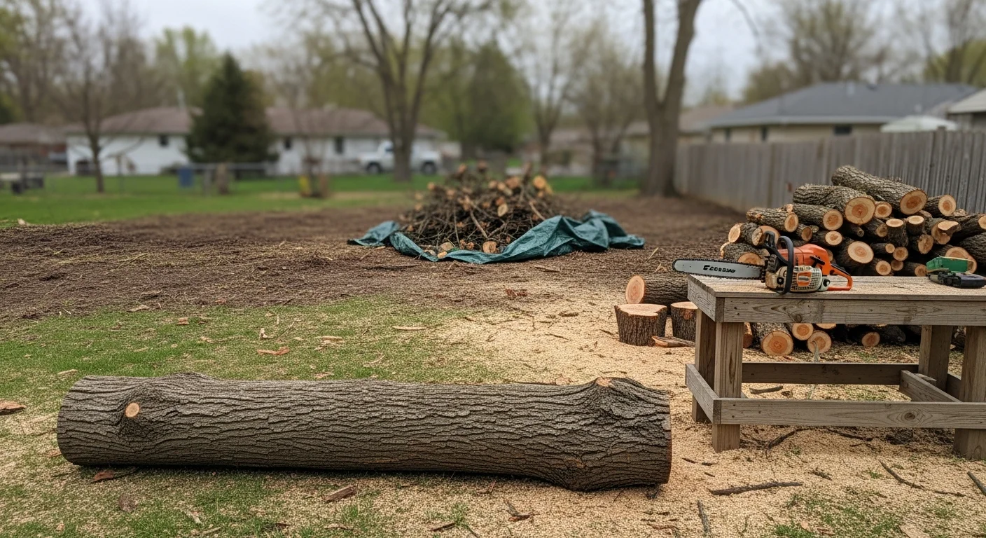A Cronin Contracting crew removing a large dead ash tree from a residential backyard in Sioux City, Iowa, with the trunk sectioned and debris staged for cleanup. The cleared lot shows the home's foundation and fence line undamaged after the removal.
